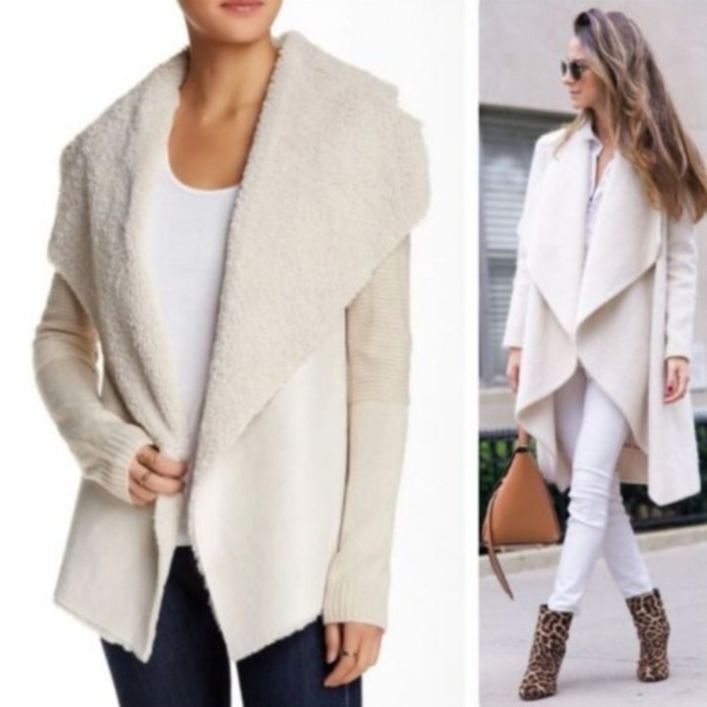 Faux Fur Cream Jacket Cozy Open Front Cardigan Large